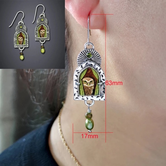 Silver & Green Pearl Owl Drop Earrings NEW olive - Picture 4 of 4